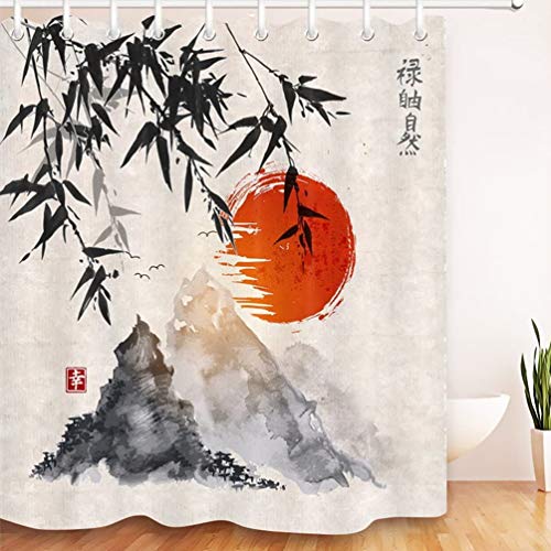 LB Cortina de Ducha de Tinta Japonesa con Ganchos, Cortinas de baño de árboles de bambú Sol montañas Sistema de decoración Resistente al Agua y Moldeado de poliéster de 180x180 cm LB Cortina de Ducha de Tinta Japonesa con Ganchos, Cortinas de baño de árboles de bambú Sol montañas Sistema de decoración Resistente al Agua y Moldeado de poliéster de 180x180 cm