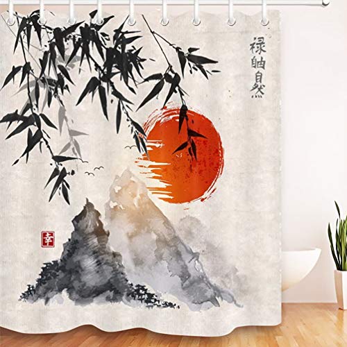 LB Cortina de Ducha de Tinta Japonesa con Ganchos, Cortinas de baño de árboles de bambú Sol montañas Sistema de decoración Resistente al Agua y Moldeado de poliéster de 180x180 cm