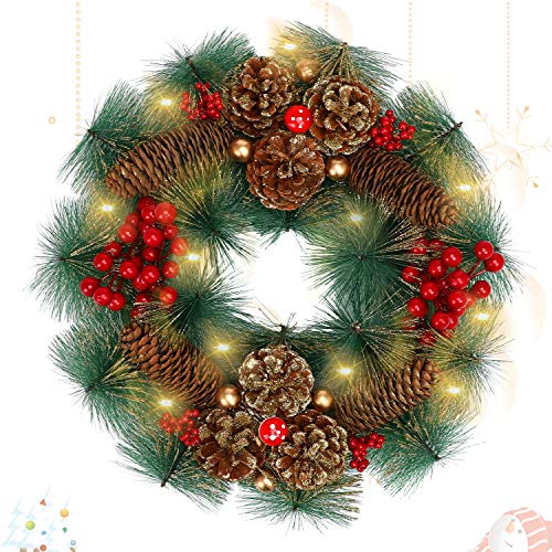 LessMo Corona de Navidad, Adorno de Guirnalda de Navidad con 30 Luces LED, Guirnaldas de Navidad Artificiales con Bolas de Flores y Conos de Pino para Decoración de árbol de Pared de Puerta