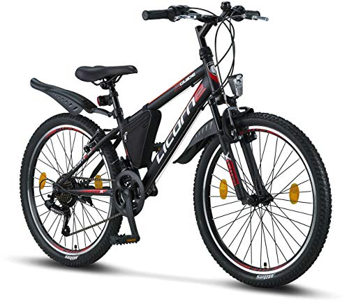 Licorne Bike Guide Bicicleta de montaña de 24 Pulgadas, Cambio Shimano de 21 velocidades, suspensión de Horquilla, Bicicleta Infantil, Bicicleta para niños y niñas, Bolsa para Cuadro,Negro/Rojo/Gris