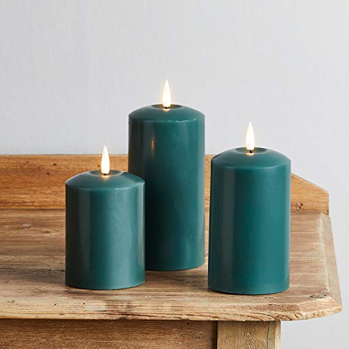 Lights4fun Conjunto de 3 Velas TruGlow® en Cera Verde Oscura a Pilas con LED Blanco Cálido para Interiores