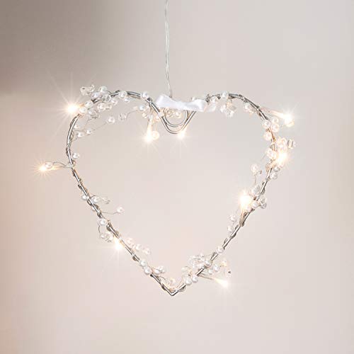 Lights4fun Guirnalda en Forma de corazón con Perlas, Cristales y 10 LED de luz Blanca cálida a Pilas