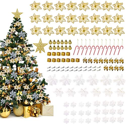 LIHAO Conjunto de 133 Adornos para Árboles de Navidad Decoración con Flores Artificiales, Bastones de Caramelo, Copos de Nieve