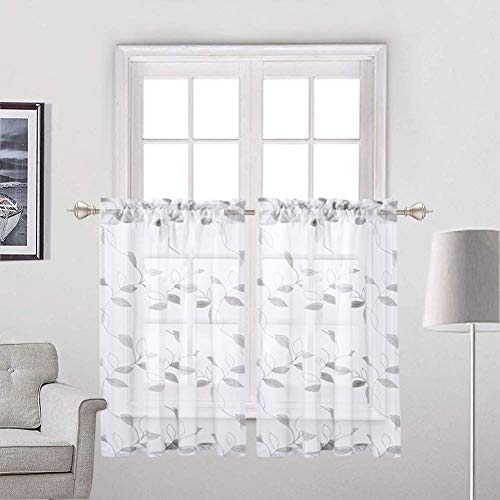 LinTimes Cortinas transparentes de cocina, diseño de hojas, cortina de baño corta, con cinta bordada floral, color gris, media ventana, cortinas de gasa de 66 x 91 cm, juego de 2