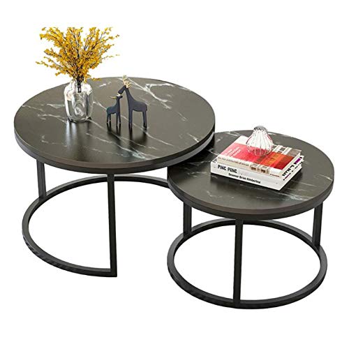 LIYIN Redondo Anidamiento Mesa de café (Juego de 2) Sala de Estar, Mesa Auxiliar apilable, 【Tablero de Escritorio MDF, patrón de mármol】 Material de la Tapa Marco de Acero de Metal Negro   (Negro)