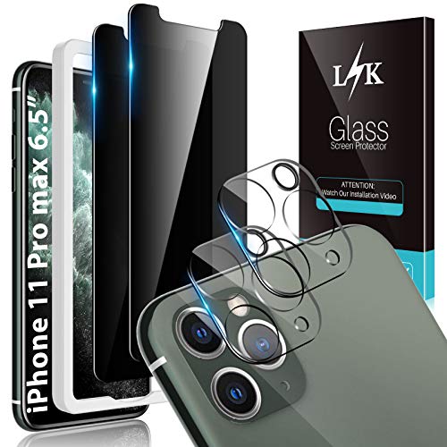 LϟK 4 Pack Protector de Pantalla de Privacidad para iPhone 11 Pro MAX 6.5 Pulgadas con 2 Pack Cristal Templado y 2 Pack Protector de Lente de Cámara - Sin Burbujas Kit Fácil de Instalar