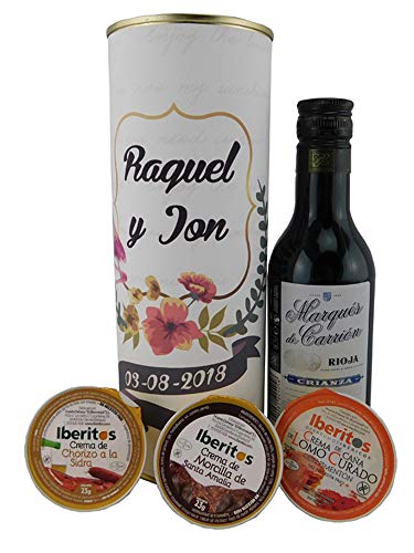 Lote de 6 unidades Lata PERSONALIZADA con vino Antaño tempranillo, crema de morcilla, crema de lomo curado y crema de salchichón