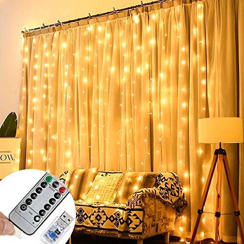 Luces de Cortina LED 3m x 3m, Sendowtek 300 LED Luz Cadena de Cortina USB con Control Remoto Luces de Hada 8 Modos de Luz 4 Modos de Brillo Decoración de Luz para Interior Exterior Jardín Navidad etc