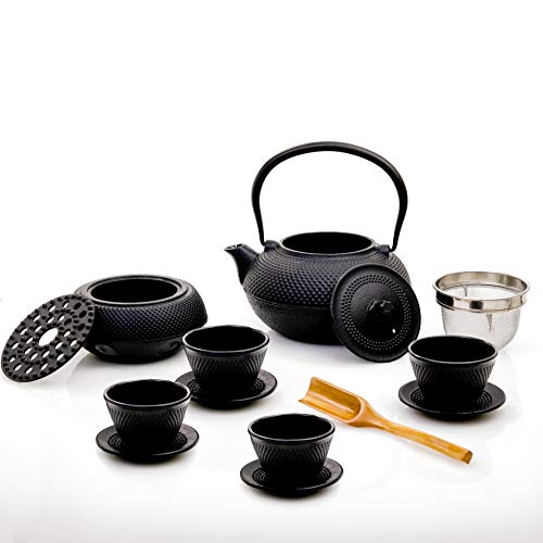 Lumaland Servicio de té 12 piezas: tetera de 1,4 litros, cucharilla dosificadora, 4 tazas con platillos de hierro fundido
