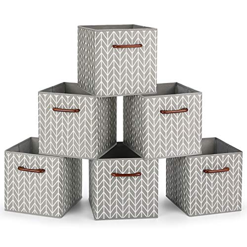 MaidMAX Cajas de Almacenaje Decorativas, Cubos de Almacenamiento Plegables con Mango de Madera, Set de 6 Cajas Organizadoras para Guardar Ropa, Juguetes, 26,7 x 26,7 x 27,9 cm