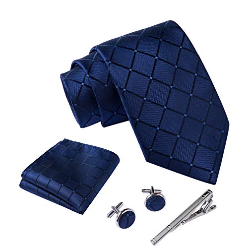 Massi Morino ® Set de corbata (caja regalo para hombres) Corbatas de hombre y pañuelos + gemelos + clip de corbata (Cuadrado Azul Oscuro)