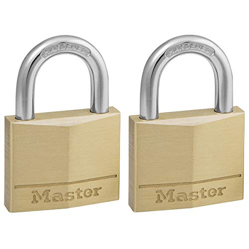 Master Lock 140EURT Lote de 2 Candados de Ancho con Cuerpo de Latón Macizo con arco Largo, Dorado, 6 x 4 x 1.3 cm
