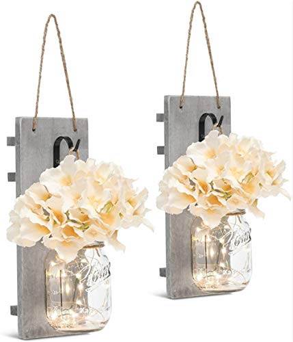 Maxjaa Mason Jar Apliques de la Pared de la decoración 2pcs Pared de la Vendimia Que cuelga Aplique Conjunto Decorativo Seda Artificial hortensias rústicas Tablas de Madera con Cadena Luces led p