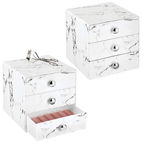 mDesign Juego de 2 cajas de belleza – Organizador de maquillaje con 3 cajones para sombra de ojos, labiales y más – Cajonera de plástico para organizar maquillaje en el baño – color mármol