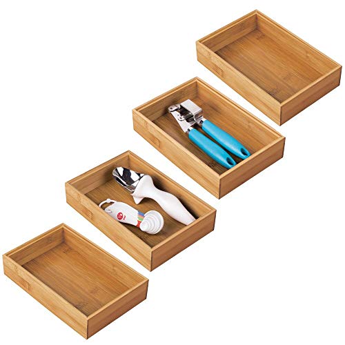 mDesign Juego de 4 cajas organizadoras para la cocina – Caja rectangular grande de bambú – Organizador de madera apilable para guardar cubiertos y utensilios de cocina – color natural