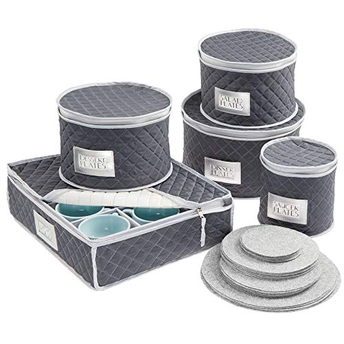 mDesign Juego de 5 cajas de embalaje para vajilla – Organizador de platos para cubrir y transportar vajilla para 12 personas – Sistema de almacenaje con protectores de fieltro – azul marino/gris