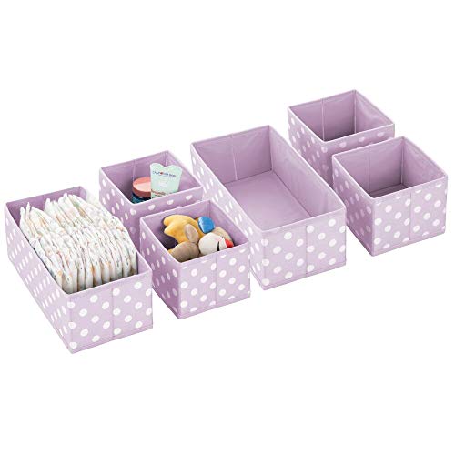 mDesign Juego de 6 cajas de almacenaje para habitación infantil o baño – Cestas organizadoras con estampado de lunares – Organizadores de armarios de fibra sintética en dos tamaños – violeta/blanco