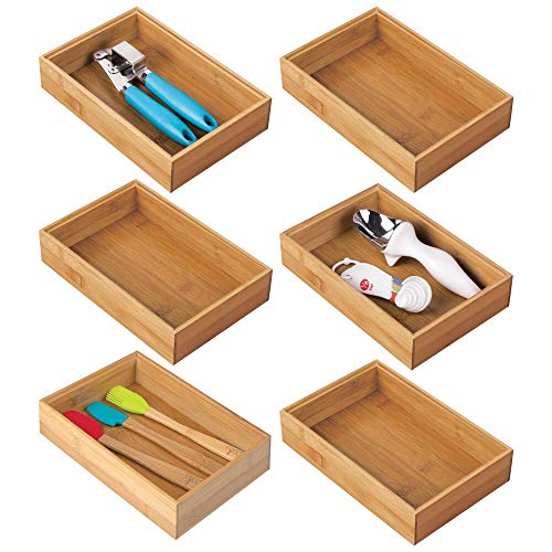 mDesign Juego de 6 cajas organizadoras para la cocina – Caja rectangular grande de bambú – Organizador de madera apilable para guardar cubiertos y utensilios de cocina – color natural