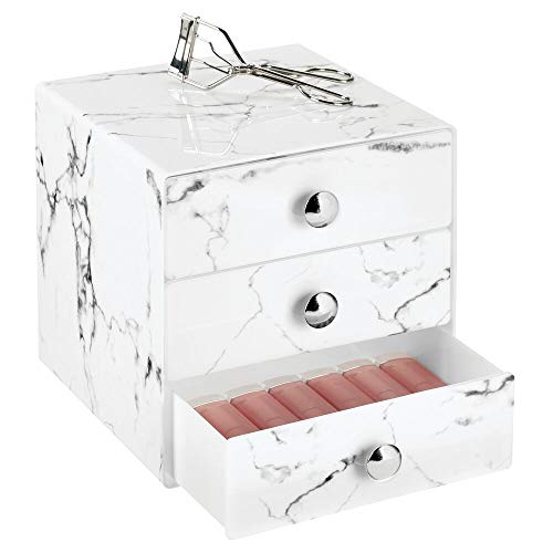 mDesign Organizador de maquillaje – Cajas de belleza con 3 cajones para sombra de ojos, labiales y más – Cajonera de plástico para organizar maquillaje en el baño – color mármol