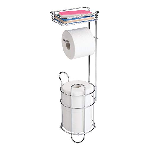 mDesign Portarrollos de papel higiénico con estante – Elegante dispensador de papel higiénico de metal – Porta rollos de pie con espacio para 3 rollos de papel higiénico – plateado