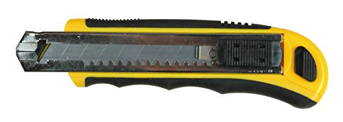 Medid MD908 Cúter amarillo, cutter con hoja de 18mm y recarga automatica de la hoja, guia metálica y estuche bimaterial, incluye 8 hojas de recambio.