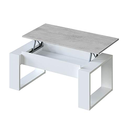 Mesa de Centro Elevable, Mesita de Salon, Comedor, Modelo Nova, Acabado en Blanco Artik y Cemento, Medidas: 105 cm (Largo) x 55 cm (Ancho) x 45-54 cm (Alto)