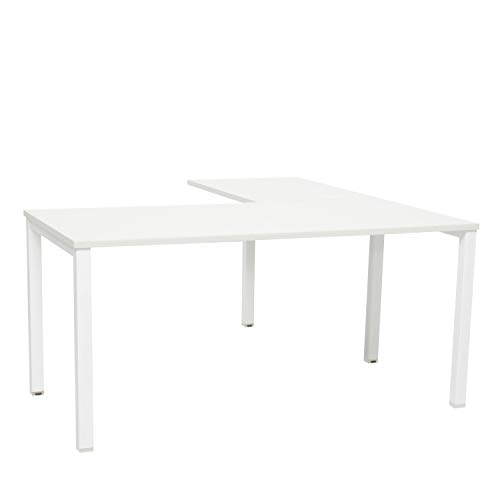 Mesa Despacho con ala en Forma de L.(Blanco, 140_x_170_cm) Mesa Despacho de Esquina de Madera con Estructura Metálica Blanca.Tamaño Personalizable para Oficinas, Ejecutivos, Abogado