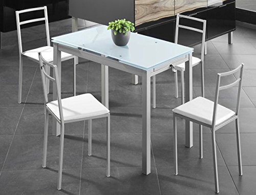 Mesa Extensible de Cristal translúcido Color Blanco y Estructura Gris par Comedor o Cocina Mesa Extensible de Cristal translúcido Color Blanco y Estructura Gris par Comedor o Cocina