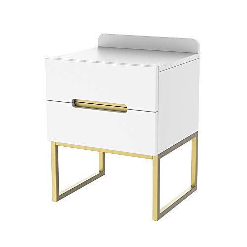mesita de noche madera con 2 Cajones - Mesa Auxiliar Cama Mesilla Sofa Comodas Cajones Gabinete Pequeño, marco de metalpara Salon Dormitorio(blanco/oro) mesita de noche madera con 2 Cajones - Mesa Auxiliar Cama Mesilla Sofa Comodas Cajones Gabinete Pequeño, marco de metalpara Salon Dormitorio(blanco/oro)