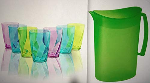 ML Pack 6 Vasos Colores y 1 Jarra de 2l de Agua plastico Reutilizable/inastillable, Duro, vajilla, Tazas, Copas, Vaso, niños, Infantiles, de Agua, cóctel, Fiesta Verde