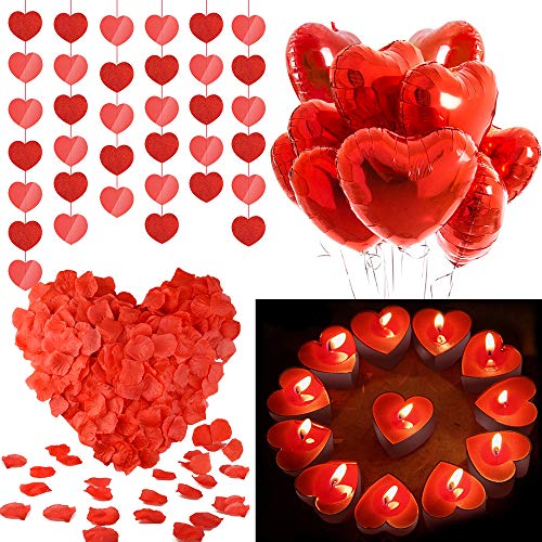  HOWAF Decoraciones de San Valentín, globos de papel de  aluminio, corazones colgantes y pétalos de rosa rojos, juego para el día de  San Valentín, boda, aniversario nupcial y compromiso, decoración 