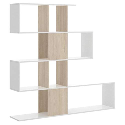 Mobelcenter - Estantería Librería Zig Zag Funk - 6 Huecos - Estantería Salón, Despacho, Comedor - Blanco Brillo y Roble Natural - Ancho: 145 cm x Alto 145 cm x Fondo: 29 cm - (1022)