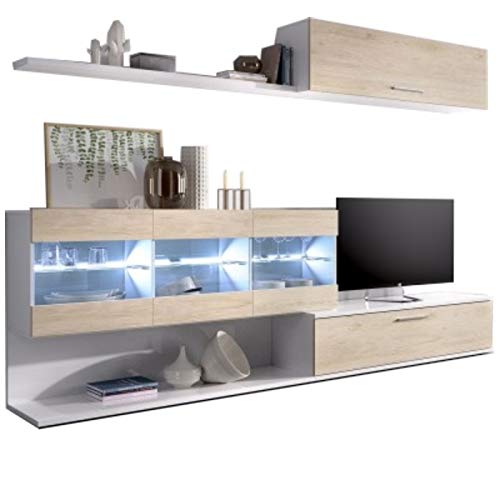 Mobelcenter - Mueble de Salón Comedor Moderno con Leds Natural y Blanco - Módulo Tv, Módulo Superior y Estante - Acabados: Natural y Blanco - Medidas: Ancho: 260 cm x Alto: 130 cm x Fondo: 40 cm - (1016)