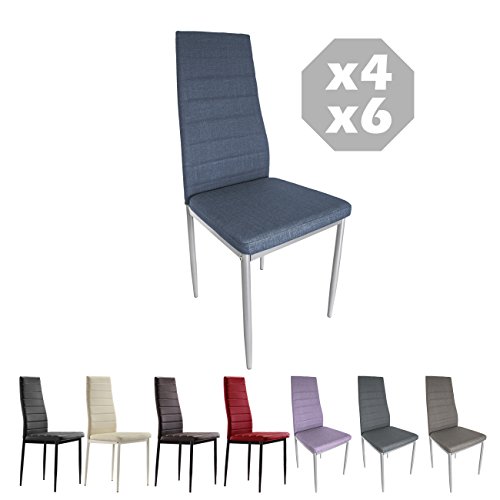 MOG CASA - Conjunto de 2, 4 o 6 sillas de Comedor con Patas metálicas y tapizadas de Piel sintética alcochado - Dimensiones 42x42x98cm (Azul, 4)
