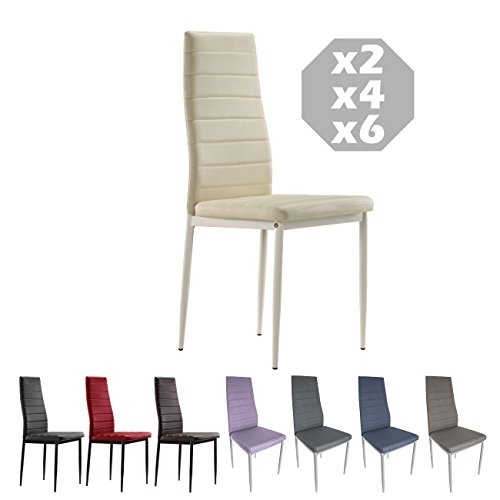 MOG CASA - Conjunto de 2, 4 o 6 sillas de Comedor con Patas metálicas y tapizadas de Piel sintética alcochado - Dimensiones 42x42x98cm (Crema, 6)