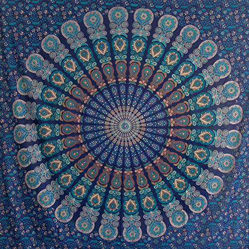 Momomus Tapiz de Mandala - Hecho a Mano con Algodón 100% y Tintes Vegetales Naturales - Adornos de Arte para Pared de Hogar, Pareo/Toalla de Playa Grande, Sofá - Elegante y Bohemio - Azul B, 210x230cm