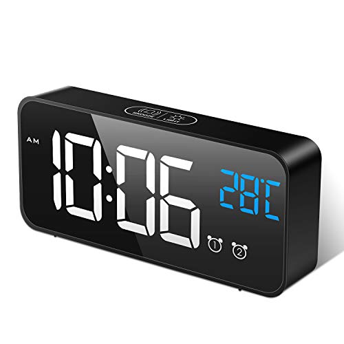 MOSUO Reloj Despertador Digital, LED Despertadores Electrónicos Espejo con Temperatura y 2 Alarma, Snooze, Sonido y Brillos Regulable, Carga USB para Dormitorio, Oficina, Negro