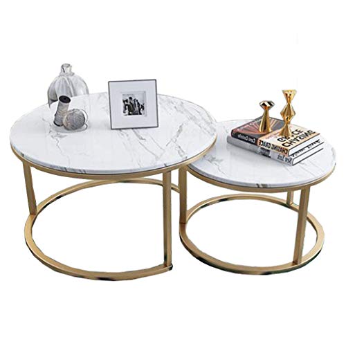 Muebles de decoración del hogar Conjunto Moderno de 2 mesas de café anidadas, Mesa de té de Ocio con sofá Lateral, Mesa de cóctel Redonda con patrón de mármol MDF y Marco de Acero - Dorado