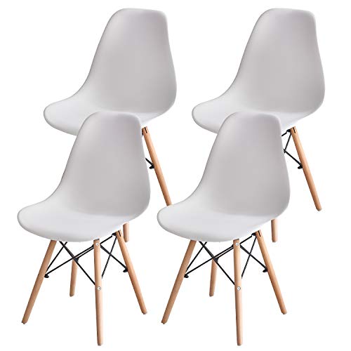 MUEBLES HOME - Juego de 4 sillas de comedor modernas de mediados de siglo, sillas de plástico con patas de madera para comedor, dormitorio, sala de estar, sillas montadas lateralmente, color blanco