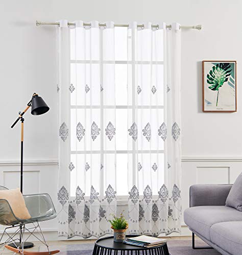 M&W DasDesign Cortina transparente con ojales para salón, diseño barroco, flores, bordada, gris, para protección solar y visual, 140 x 245 cm, color blanco (1 unidad)