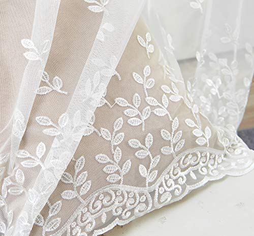 M&W DasDesign Cortina transparente de tela con ojales para salón, dormitorio, hojas, flores, bordado, para protección solar y visual, 140 x 245 cm, color blanco (1 unidad)