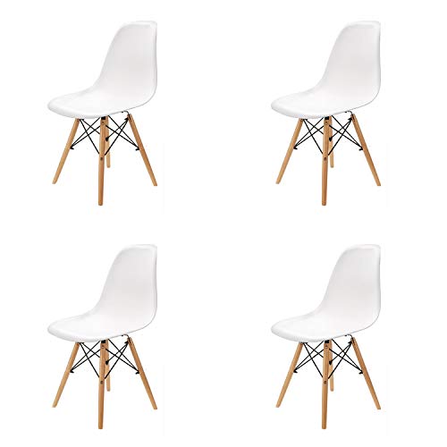 N/A Un conjunto de 4/6 sillas de plástico con patas de madera de diseño minimalista, adecuado para comedor, dormitorio, silla de oficina (blanco, 4)