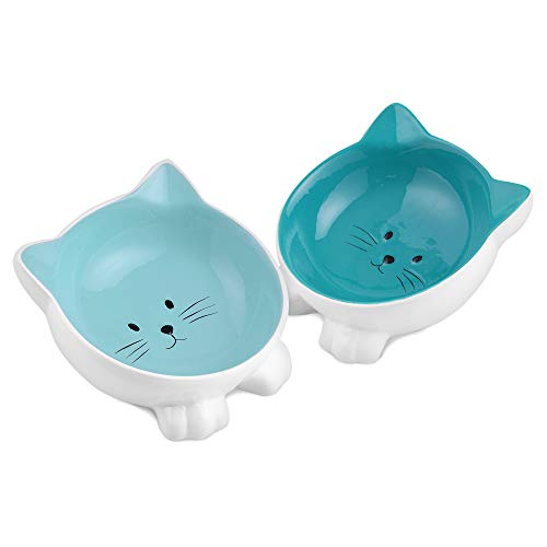 Navaris 2X Cuenco para Mascotas con Forma de Gato - Comedero y Bebedero Doble de cerámica para Perros o Gatos - Inclinados y Antideslizantes - Azul Navaris 2X Cuenco para Mascotas con Forma de Gato - Comedero y Bebedero Doble de cerámica para Perros o Gatos - Inclinados y Antideslizantes - Azul
