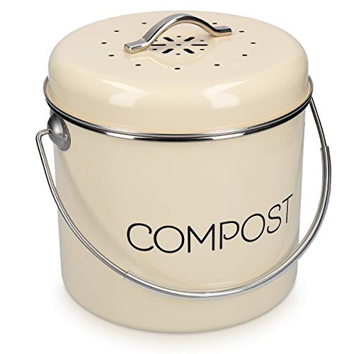 Navaris Cubo de Metal para Compost - Contenedor de Basura orgánica con Tapa y 3X Filtro - 19 x 20 CM - Compostera Vintage para Cocina de 3 L de Cap.