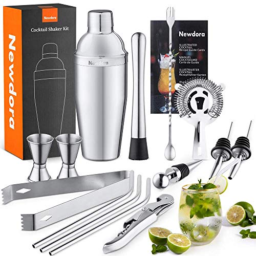 Newdora Cocteleras para Cocteles y Accesorios Profesional, Juego de Cockteleras de Calidad Acero Inoxidable, 15 PCS Hacer Cócteles, 750 ml Cocktail Shaker, Recetas de Cócteles