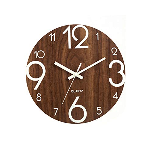 ORETG45 Reloj de pared luminoso de cuarzo con número árabe con luz nocturna, redondo, color nogal, 30,5 cm, para pasillo, dormitorio, comedor, decoración