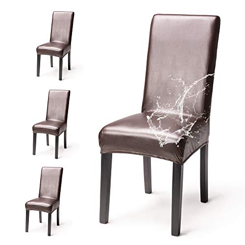OSVINO Funda para silla de comedor, de piel sintética, resistente al agua, resistente al aceite, para hotel, reunión de casa, marrón, 4 piezas