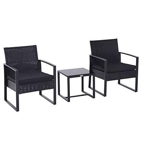 Outsunny Conjunto de Jardín Exterior Negro Conjunto de Muebles de Jardín de Ratán 3 Piezas 1 Mesita 2 Sillones para Exterior y Aire Libre Desmontable Color Negro