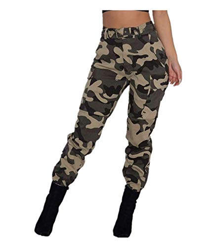 Pantalones Militares Mujer Cintura Alta Pantalon de Camuflaje de Chándal Hip Hop Punk Rock Casuales Tumblr Streetwear Sin cinturón Moda 2019 Yvelands(Caqui,XXXL)