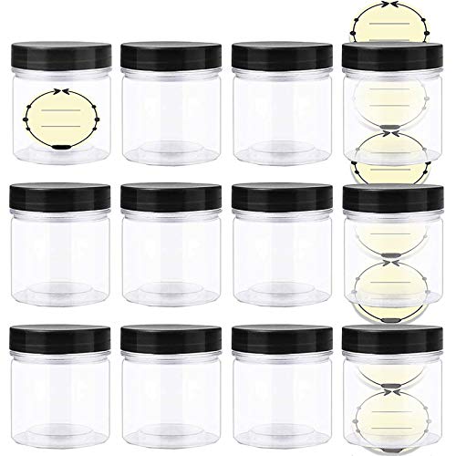 Paquete de 12 Tarros redondos de plástico de 240 ml con tapa negra,Cocina Recipientes Slime Contenedor Alimentos,Para conservas, contendor Alimentos, Botes para Velas